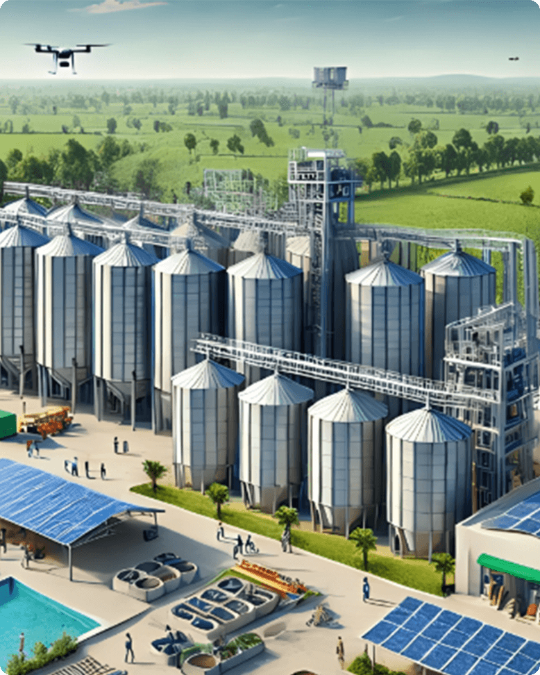 Agro-industrial facility — silos, solar, and food infrastructure
