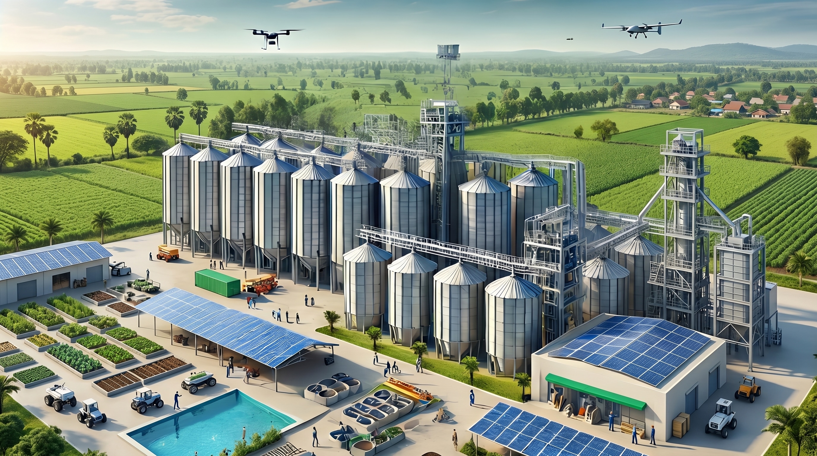 Agro-industrial facility — silos, solar, and food infrastructure
